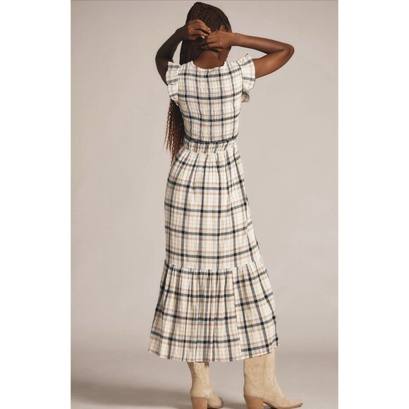 Anthropologie Midi Dress Women Peregrine Blue Plaid Preppy Vacay Boho Size L NWT - Picture 3 of 12
